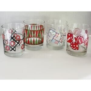 Vintage Retro Board Game Themed Beverage Glasses Set of 4 Barware Dice Dominos